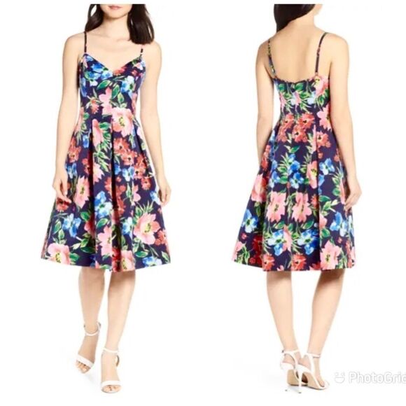 ELIZA J Fit‎ & Flare Cocktail Dress Spaghetti Strap Floral Print Blue Size 8 New - Picture 1 of 12